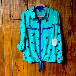 Style &Co NWT woman’s size 0X cute, bird themed blouse w/collar + tie bottom